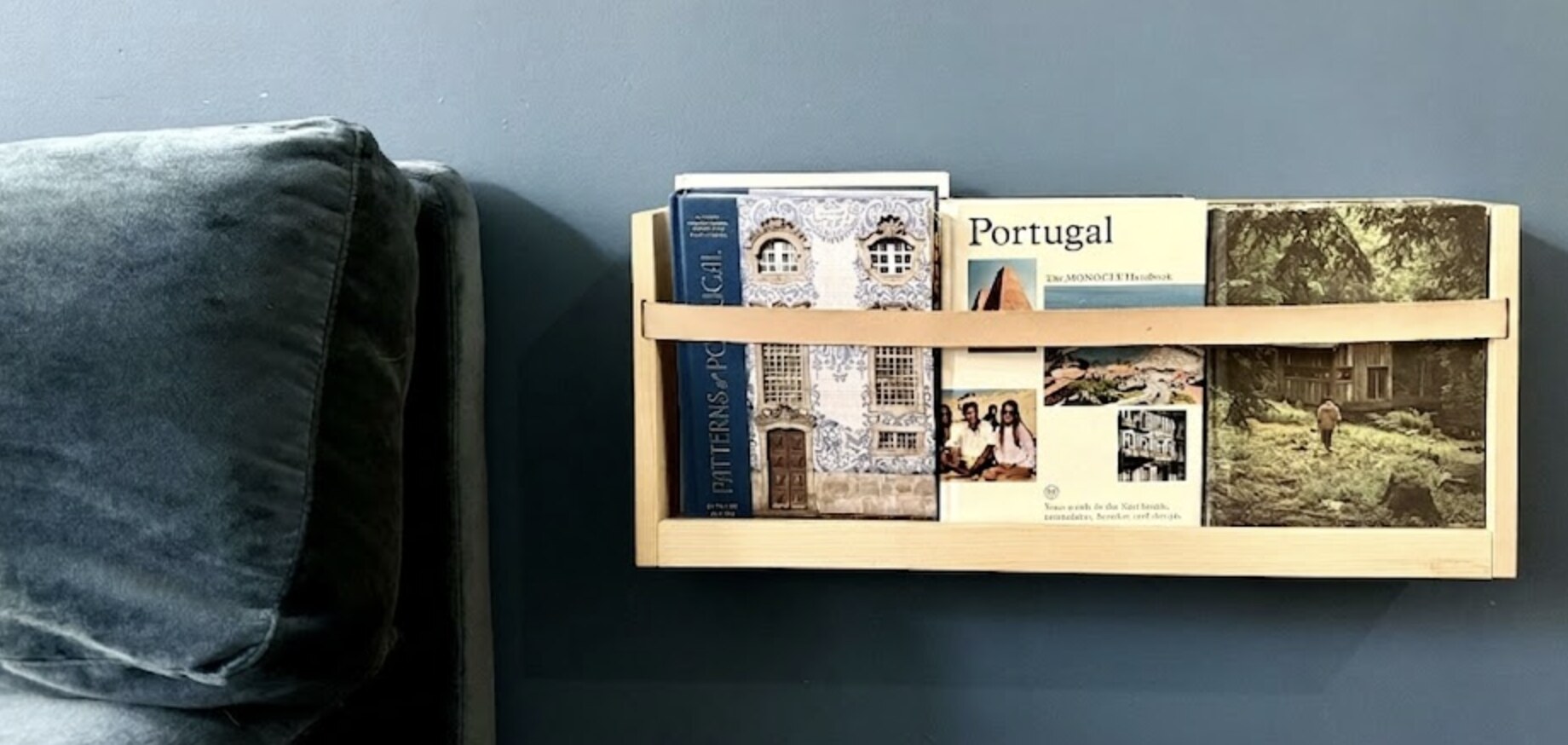 Blue sofa with bookshelf