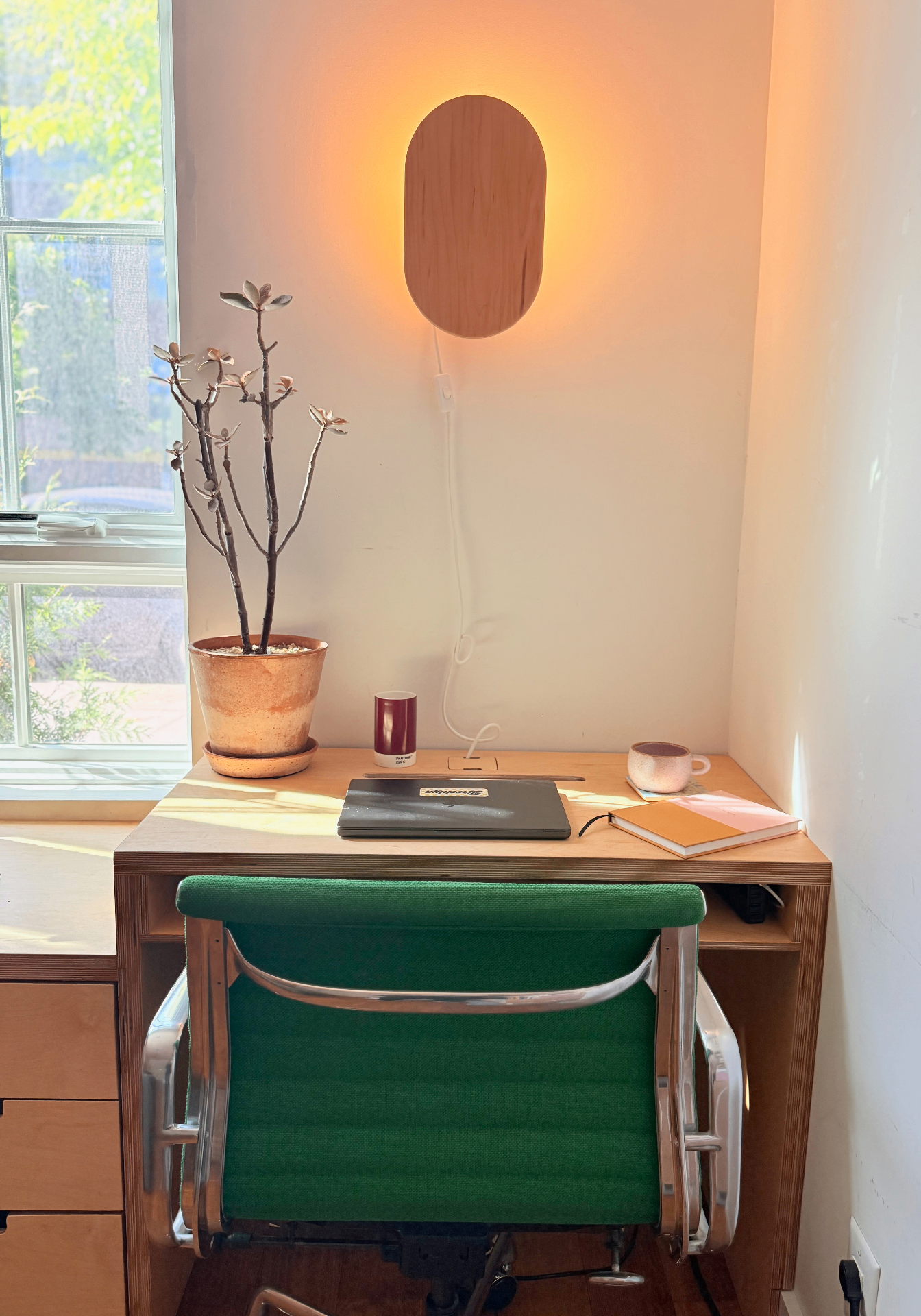 Plywood desk with green Eames chair